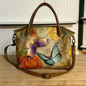 Anna Anuschka Green Hand Painted Leather Floral Butterfly Crossbody Satchel Bag